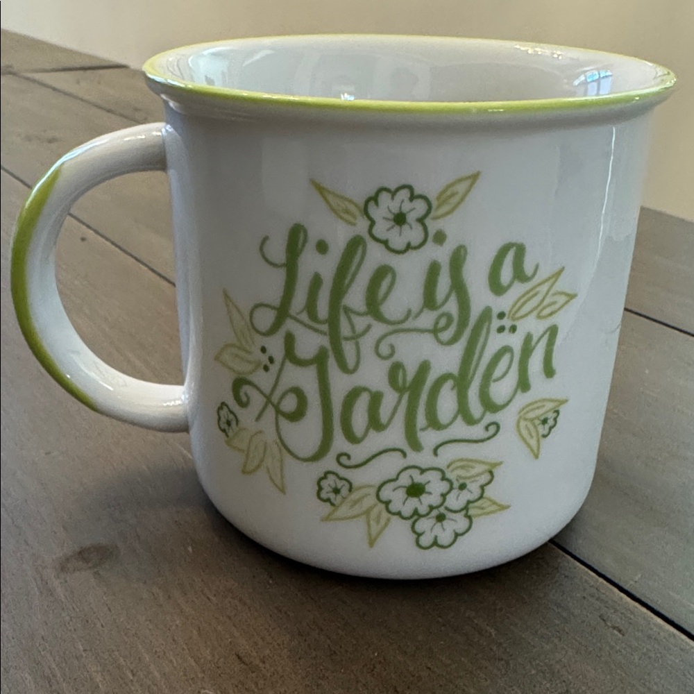 “Life is a Garden” Double Sided Oversized White Mug with Green Floral Design